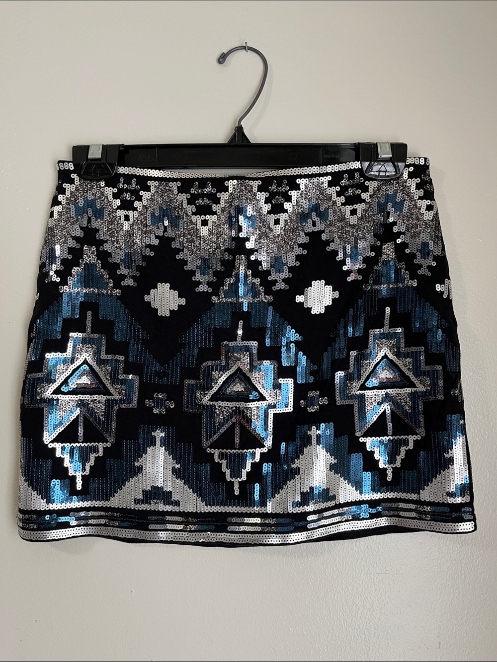 Express Sequin Mini Skirt in Black, Blue and Silver